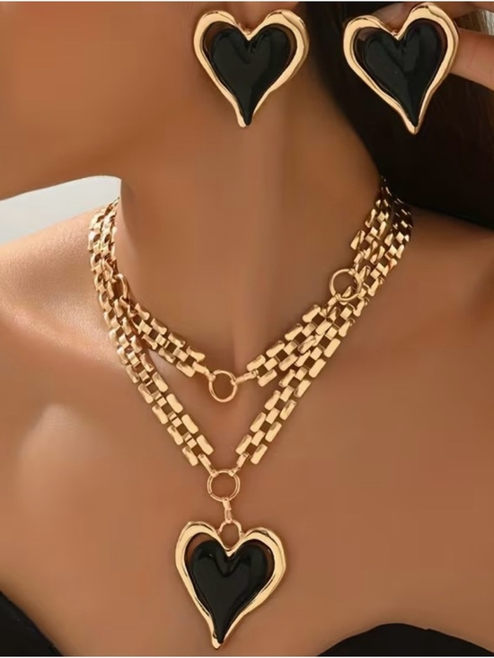 Jewelry - Gold and Black Heart Pendant Necklace & Earrings Set